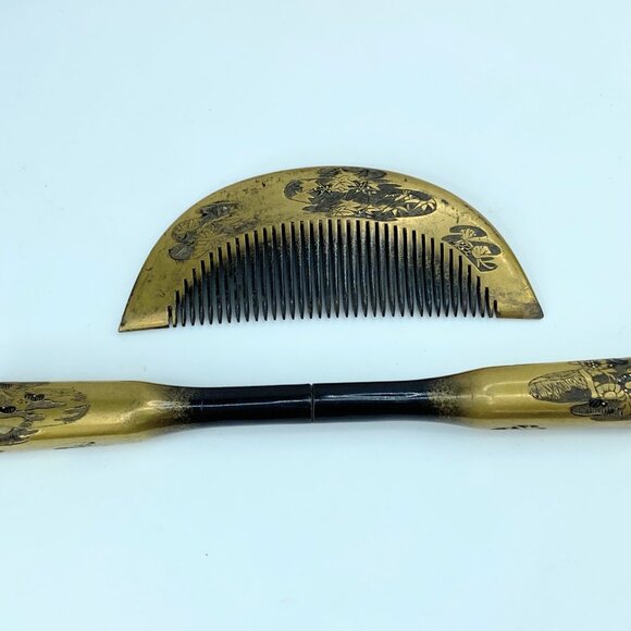 Japanese kanzashi comb and hairpin gold lacquer Pond flower Signed c1950 GS517 main image 8